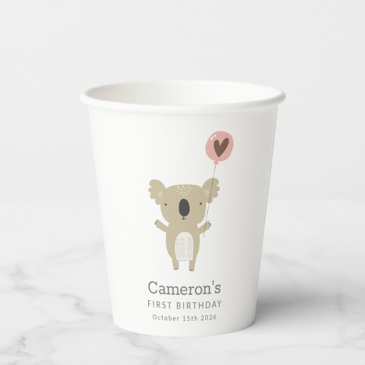 Gobelets En Papier Joli Koala Bear Simple 1er anniversaire (Verso)