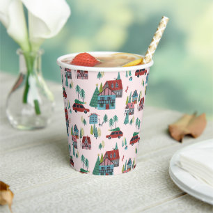 Gobelets En Papier Joli motif de village rose Noël