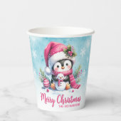 Gobelets En Papier Joli Noël rose pingouin et bleu neigeux (Verso)