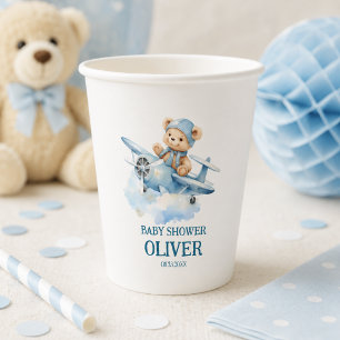 Gobelets En Papier Joli Ours Avion Bleu Temps Passe Premier 1er Anniv