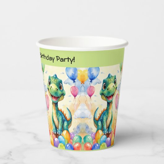 Gobelets En Papier Joli petit dinosaure avec beaucoup de ballons colo (Verso)