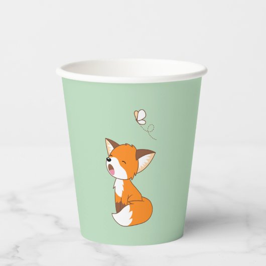 Gobelets En Papier Joli petit renard doré sur vert (Recto)