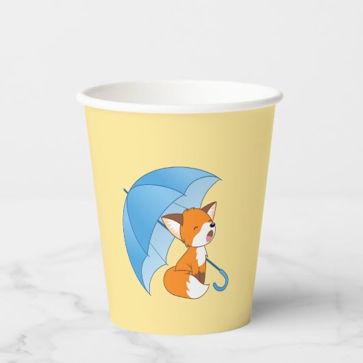 Gobelets En Papier Joli Petit Renard dormant sous parapluie sur Jaune (Recto)