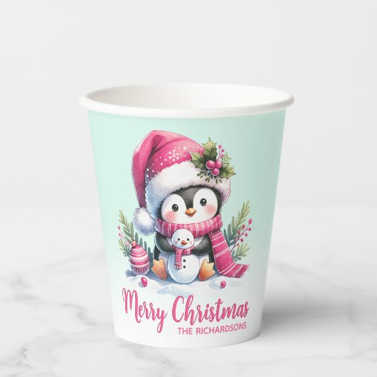 Gobelets En Papier Joli Pingin rose et menthe vert Joyeux Noël (Recto)