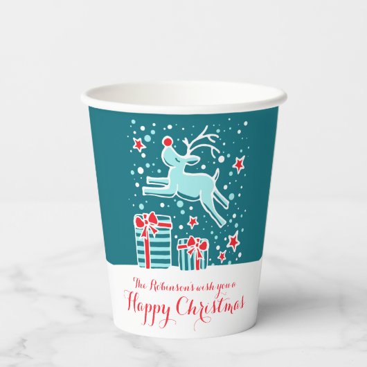 Gobelets En Papier Joli rennes de Noël turquoise coutume rouge (Verso)