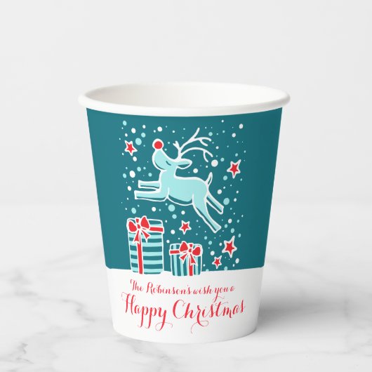 Gobelets En Papier Joli rennes de Noël turquoise coutume rouge (Recto)