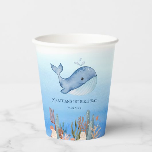 Gobelets En Papier Jolie baleine Bleue Mer Corail Reef Anniversaire (Recto)