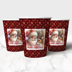 Gobelets En Papier Jolie fête de Noël avec le Père Noël et Rudolph en