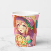 Gobelets En Papier Jolie fille Anime tenant une pizza (Verso)