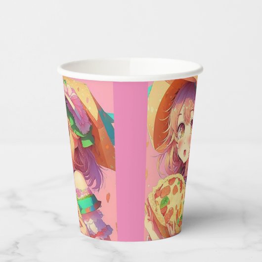 Gobelets En Papier Jolie fille Anime tenant une pizza (Gauche)