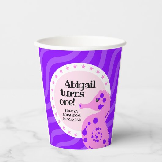 Gobelets En Papier Jolie fille d'anniversaire rose cheval sur les vag (Recto)