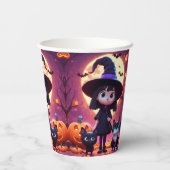 Gobelets En Papier Jolie petite sorcière avec chats et citrouilles, c (Verso)