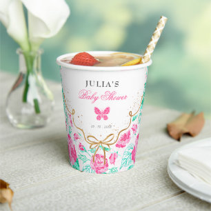 Gobelets En Papier Jolie rose rose florale ruban doré Baby shower