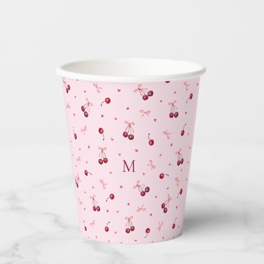 Gobelets En Papier Jolies cerises roses coeurs noeuds avec monogramme (Recto)