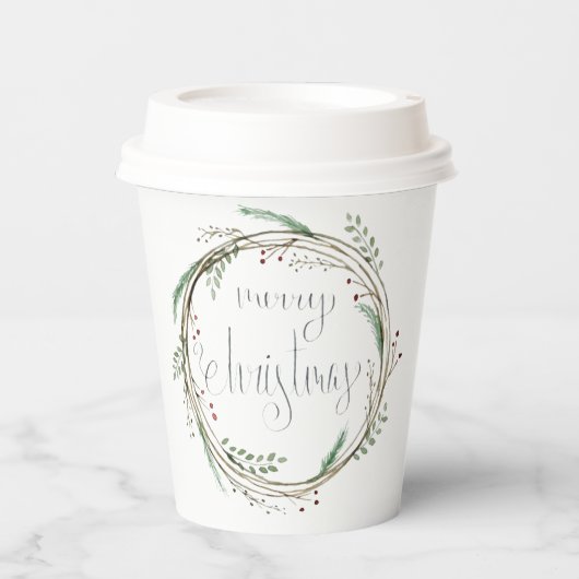 Gobelets En Papier Joyeuse couronne d'aquarelle de Noël (Recto)