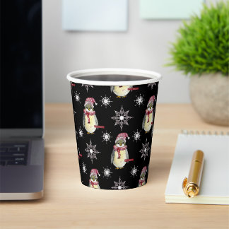 Gobelets En Papier Joyeuses Fêtes Manchots et Flocons sur Fond Noir