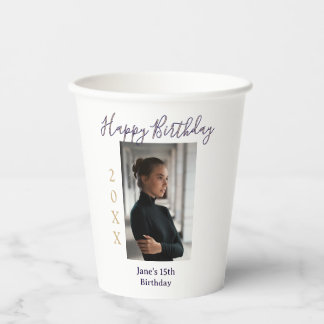 Gobelets En Papier joyeux 15e anniversaire photo nom année t violet p