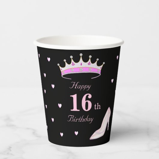 Gobelets En Papier Joyeux 16e anniversaire en noir et rose (Recto)