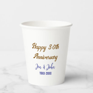 Gobelets En Papier Joyeux 30e anniversaire de mariage royal bleu or s