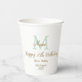 Gobelets En Papier Joyeux 30e Anniversaire monogramme pastel vert dor