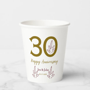 Gobelets En Papier Joyeux 30e anniversaire nom date feuille rouge dor