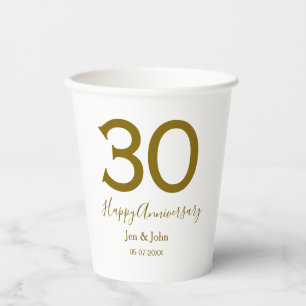 Gobelets En Papier Joyeux 30e anniversaire nom date golden bold lette