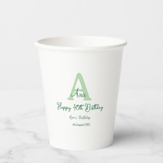 Gobelets En Papier Joyeux 40e anniversaire vert ajouter nom monogramm (Recto)