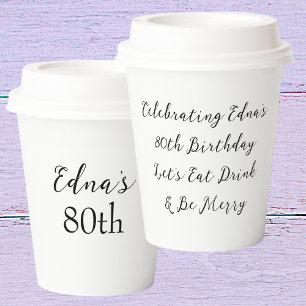 Gobelets En Papier Joyeux 80e anniversaire Nom noir et blanc