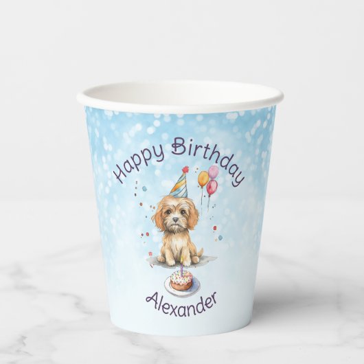 Gobelets En Papier Joyeux Anniversaire à un chiot mignon avec un chap (Recto)