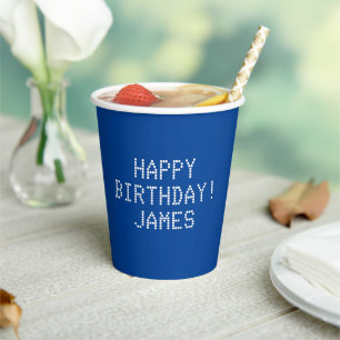 Gobelets En Papier Joyeux Anniversaire bleu blanc nom personnalisé m
