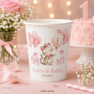 Gobelets En Papier Joyeux Anniversaire Chat Chaton Ballons Roses 1er