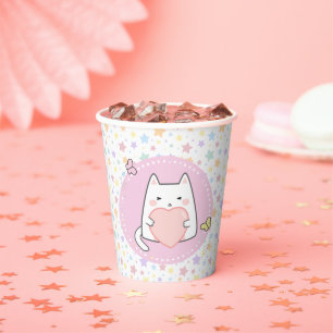 Gobelets En Papier Joyeux Anniversaire Chat Kawaii avec un cœur d'amo