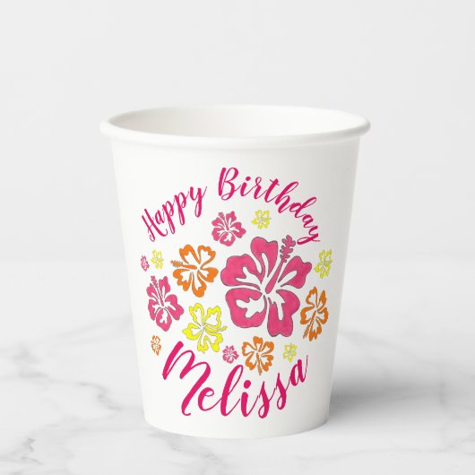 Gobelets En Papier Joyeux anniversaire Fleurs d'Hibiscus hawaïens tro (Recto)