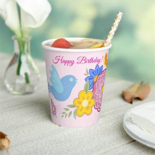 Gobelets En Papier Joyeux anniversaire Fleurs sauvages Jardin Oiseaux