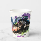 Gobelets En Papier Joyeux anniversaire Monster Truck Smash Crash Boy (Verso)