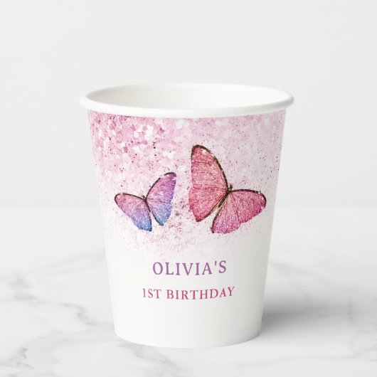 Gobelets En Papier Joyeux anniversaire papillon Fille Anniversaire (Recto)
