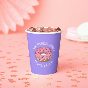 Gobelets En Papier Joyeux anniversaire Pink Donut Doughnut Bakery