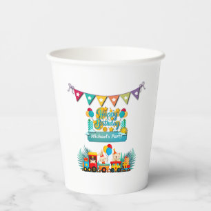 Gobelets En Papier Joyeux Anniversaire Train Avec Vœux Animaux Mignon