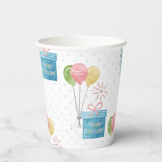 Gobelets En Papier Joyeux Ballons d'anniversaire et boîte cadeau (Verso)