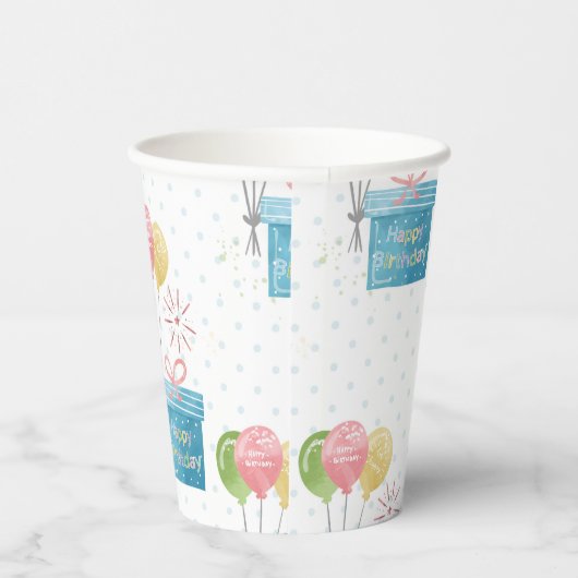 Gobelets En Papier Joyeux Ballons d'anniversaire et boîte cadeau (Droite)