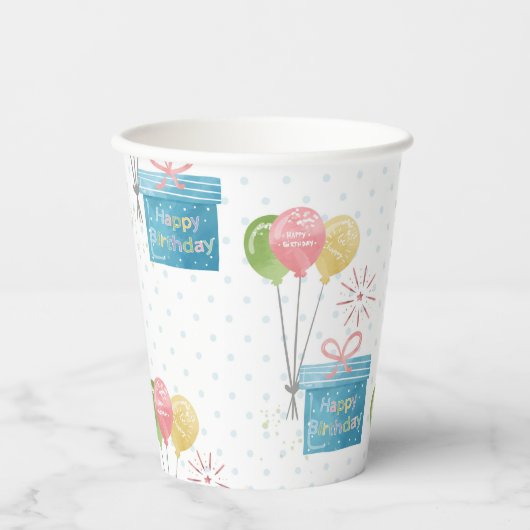 Gobelets En Papier Joyeux Ballons d'anniversaire et boîte cadeau (Recto)