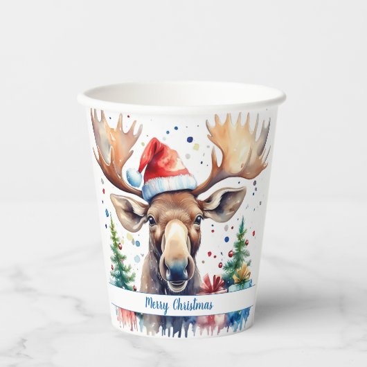 Gobelets En Papier Joyeux Casquette de Noël Moose - (Recto)