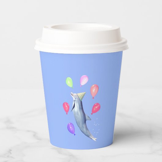 Gobelets En Papier Joyeux dauphin et ballons d'anniversaire (Verso)