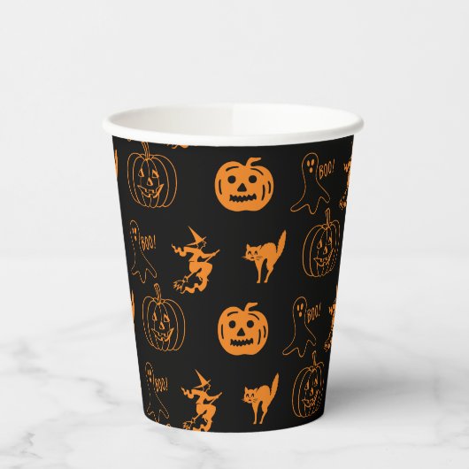 Gobelets En Papier Joyeux Halloween noir orange motif éffrayant (Gauche)