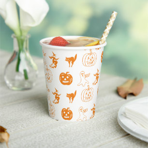 Gobelets En Papier Joyeux Halloween orange blanc motif éffrayant