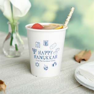 Gobelets En Papier Joyeux Hanoukka bleu blanc nom de famille personna
