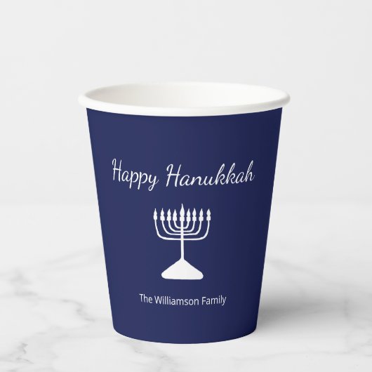 Gobelets En Papier Joyeux Hanoukka Menorah bleu simple (Recto)