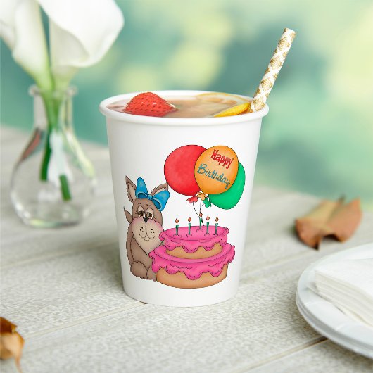 Gobelets En Papier Joyeux Marionnette mignonne avec ballons et gâteau