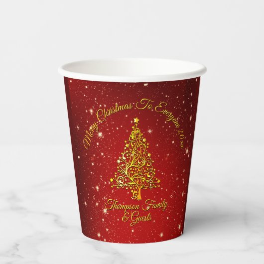 Gobelets En Papier Joyeux Noël 20XX Red Gold Tree étoiles 8oz (Verso)