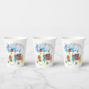 Gobelets En Papier Joyeux Noël aquarelle canton enneigé